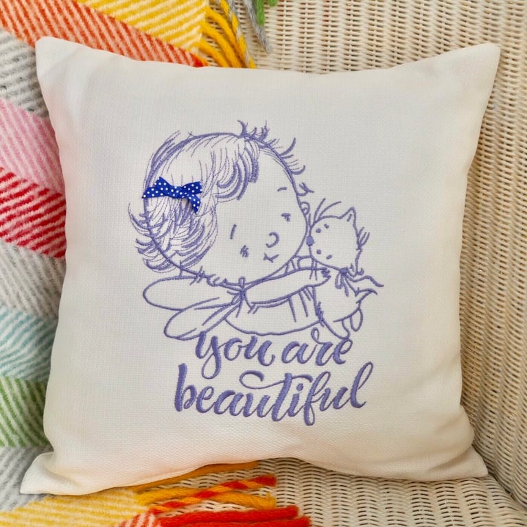 Cushion: Embroidered You Are Beautiful in Blue 33cm (13”), with pad