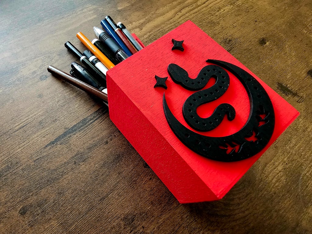 Celestial Snake & Moon Red Wooden Handmade Pen Pot, Desk Tidy