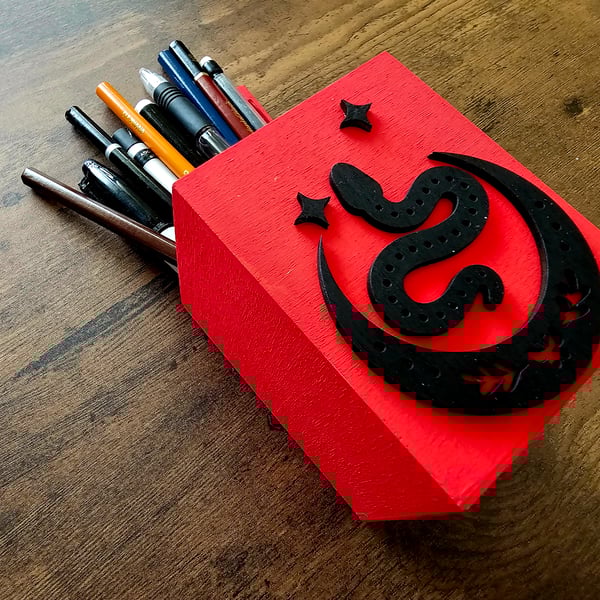 Celestial Snake & Moon Red Wooden Handmade Pen Pot, Desk Tidy