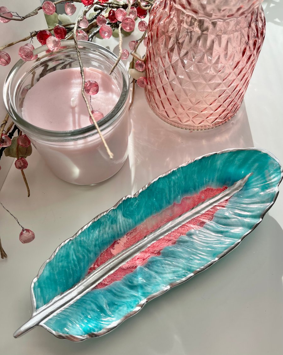 Feather shaped Pink Turquoise Resin Jewellery Trinket Dish Tray FREE POSTAGE