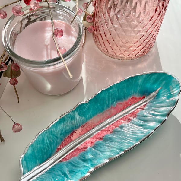 Feather shaped Pink Turquoise Resin Jewellery Trinket Dish Tray FREE POSTAGE