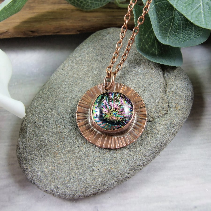 Dichroic Glass and Copper Starburst Necklace. Artisan Pendant