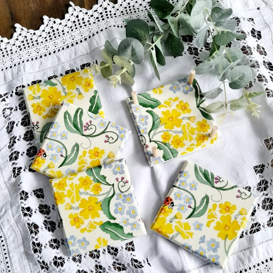 Set of 4 Coasters Decoupaged with matching stand