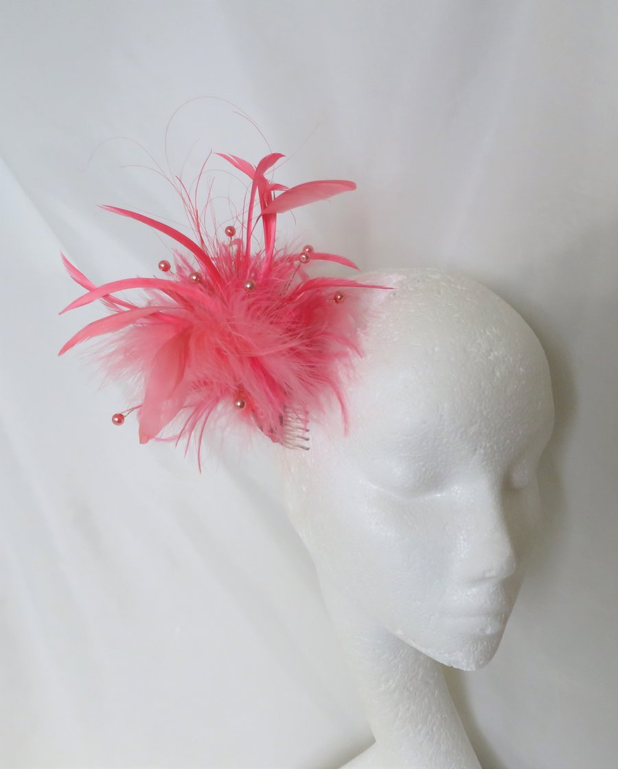 Bright Coral Flamingo Pink Mixed Feather and Pearl Fascinator Hair Comb