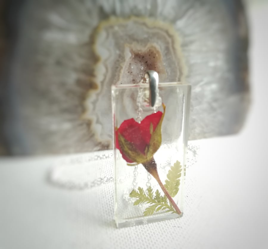 Real red rose sterling silver necklace, Pressed flower pendant, Valentine's gift