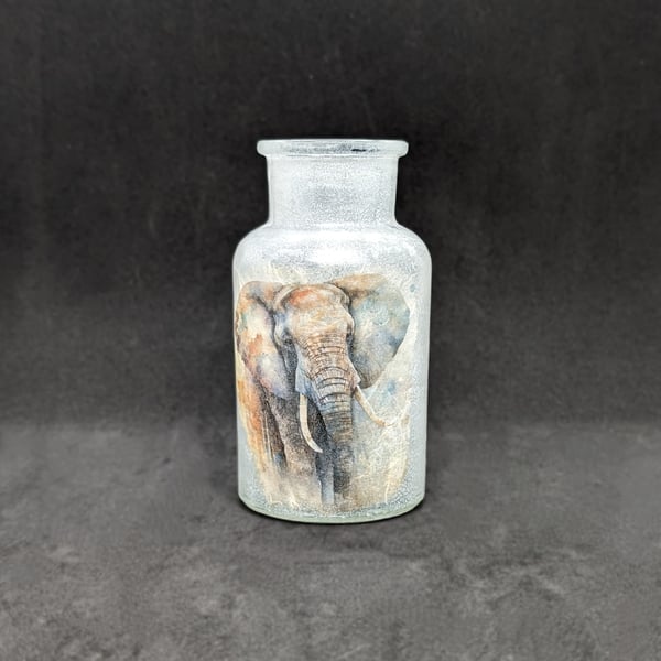 Decoupage, small glass vase decorated with images of an Elephant