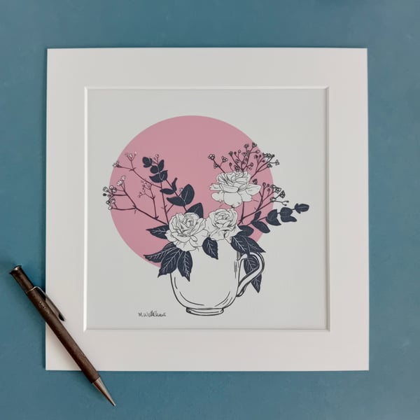 Flower print - giclee roses eucalyptus gypsophila floral botanical