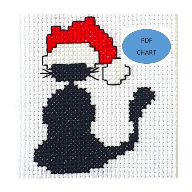 Black Cat Santa Hat Cross Stitch Chart (PDF Pattern)