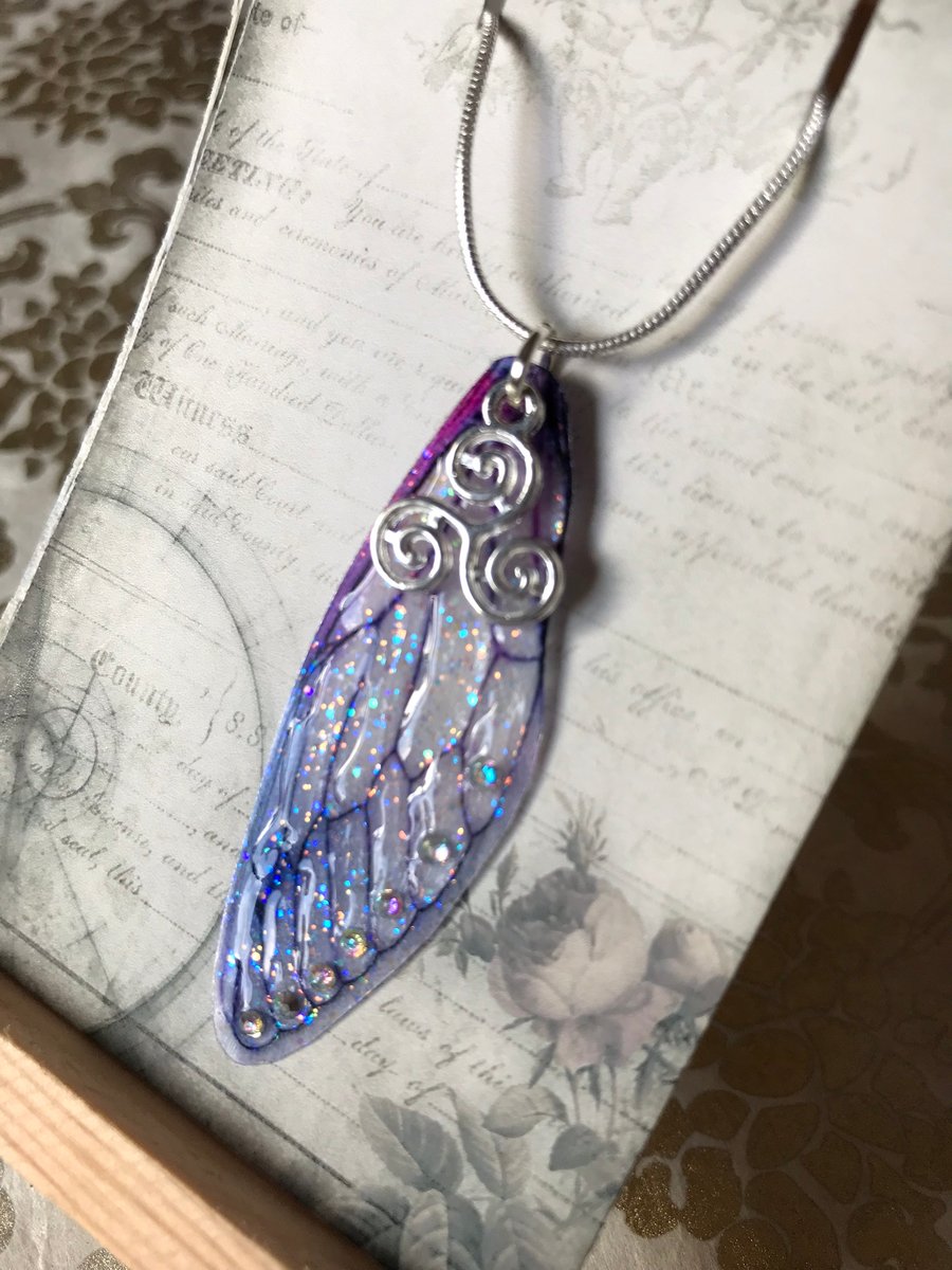 Purple Aurora Borealis Triskelion Fairy Wing Sterling Silver Necklace