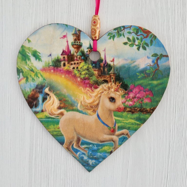 Decoupaged Wooden Hanging Heart: Unicorn design 6” (15cm)