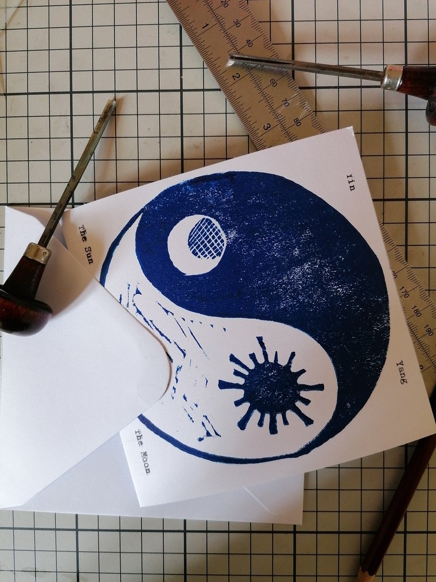 "Yin Yang, The Sun, The Moon", original handprinted Linocut and typewriter.