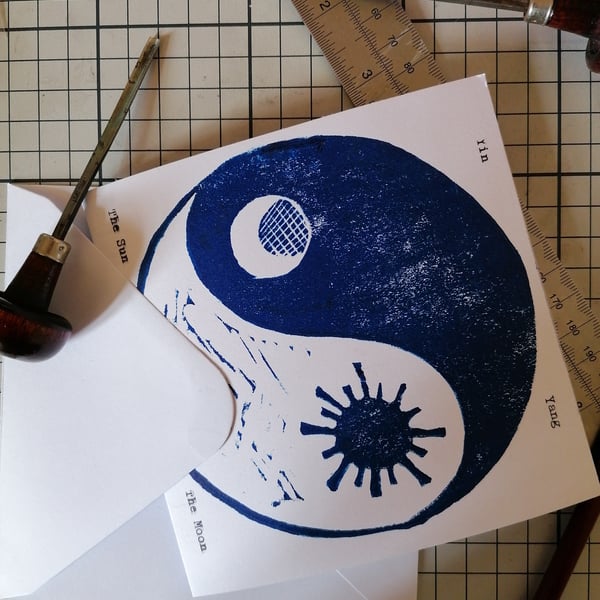 "Yin Yang, The Sun, The Moon", original handprinted Linocut and typewriter.