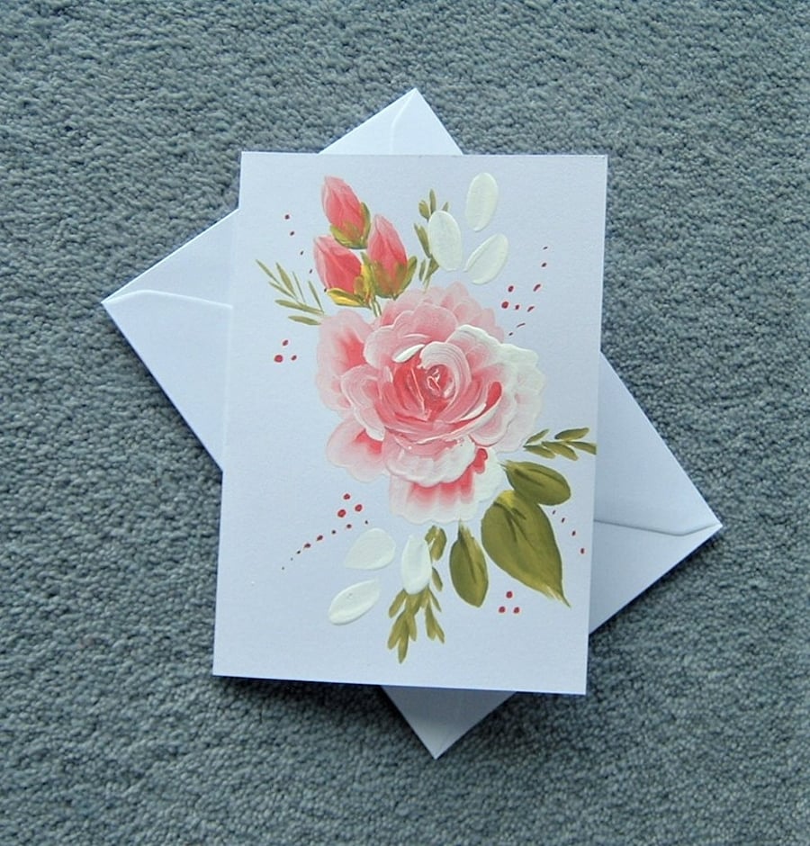 hand painted pink rose blank greetings card ( r... - Folksy