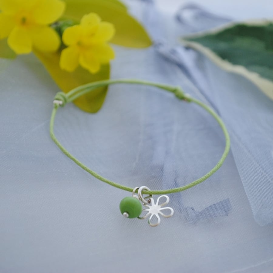 Friendship Bracelet-Apple green cord with silver flower charm