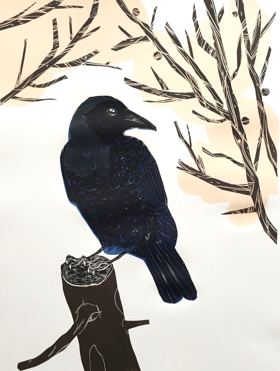 Carrion Crow Lino Cut