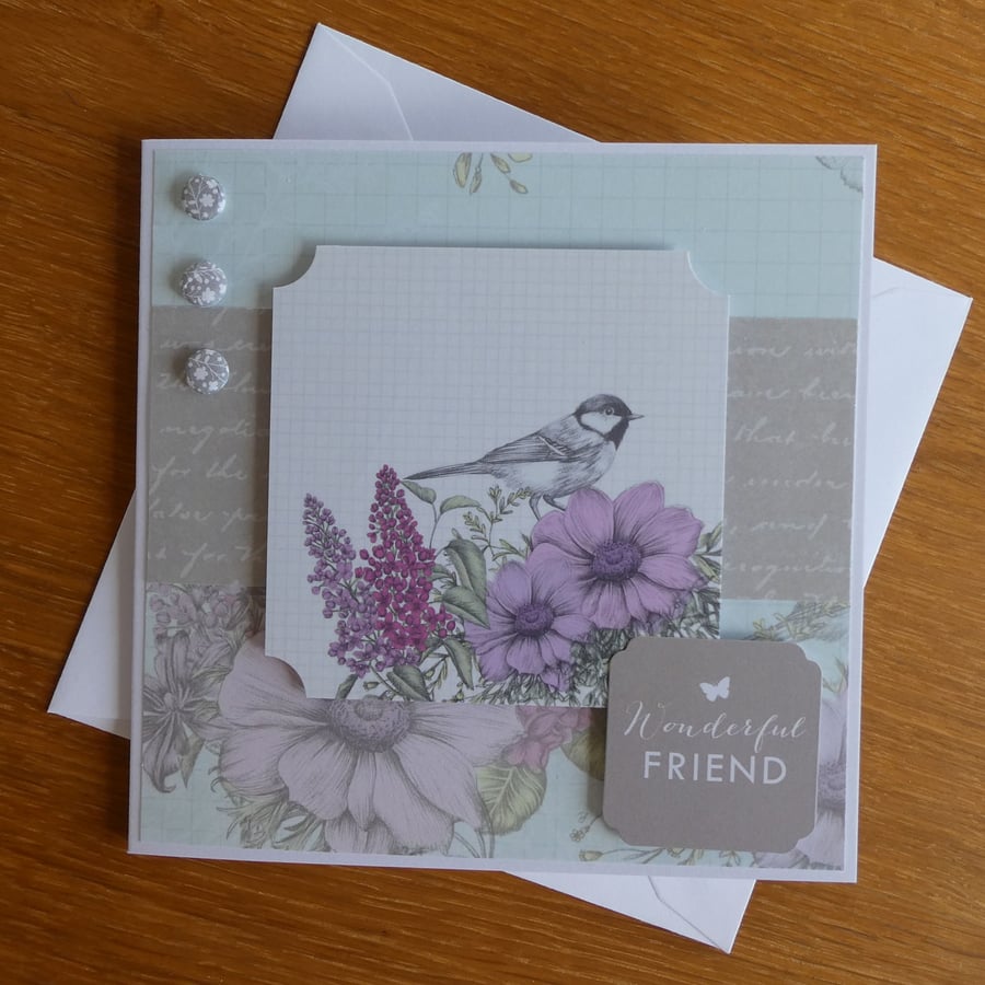 Birthday Card - Bird and Flowers - Wonderful Friend