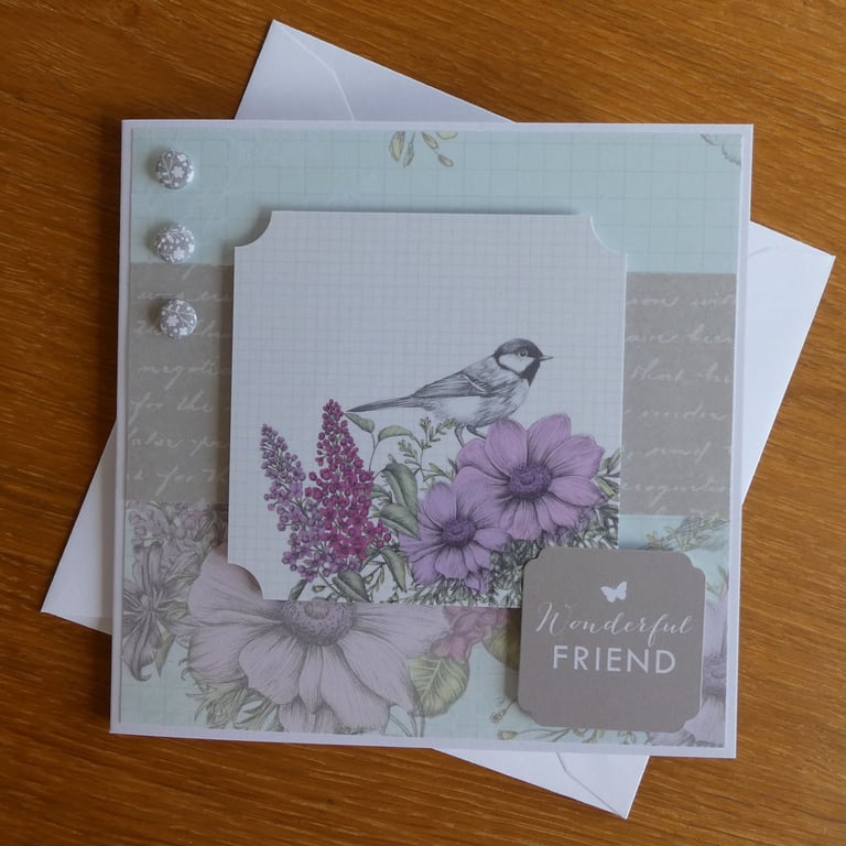 Birthday Card - Bird and Flowers - Wonderful Friend