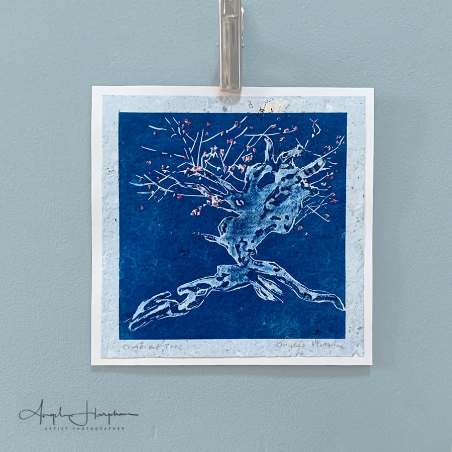 Ancient Tree and Blossom on Blue Hand Crafted Recycled Paper 