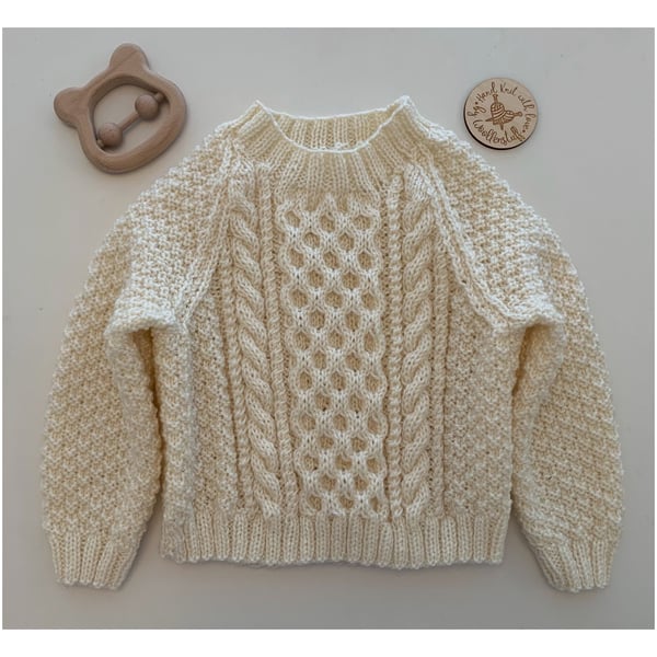 Made To Order Handknitted Cable Baby or Child Jumper 6 sizes. Any colour.