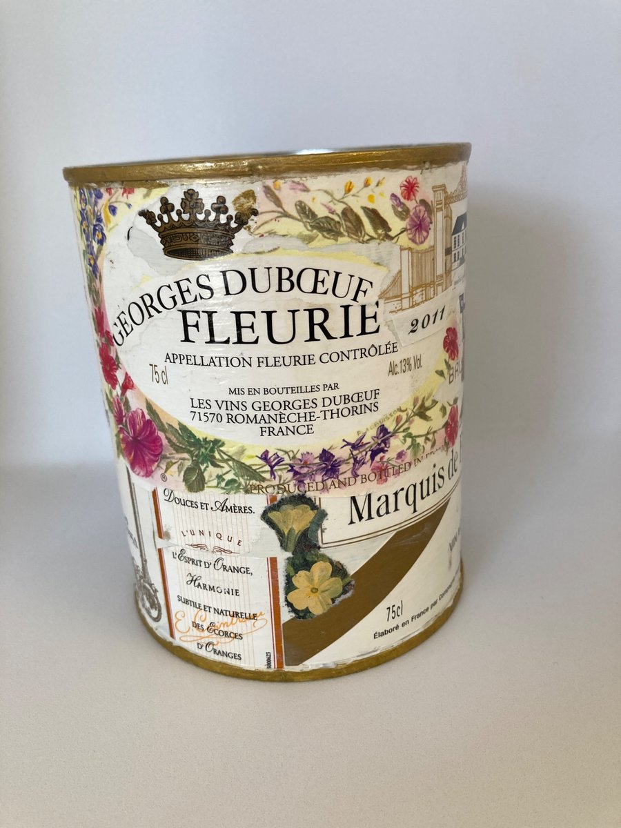 Vintage Wine Bottle Labels Upcycled French Art, Styled Tin Can
