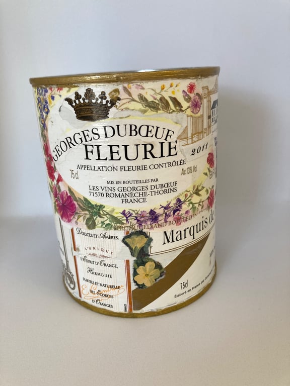 Vintage Wine Bottle Labels Upcycled French Art, Styled Tin Can