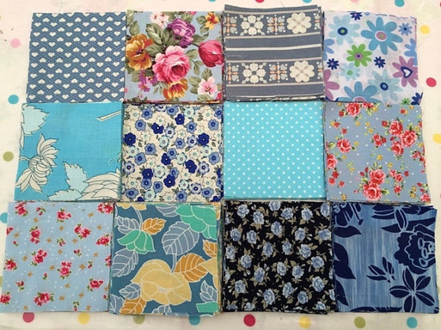 40 x 4" blue patchwork squares , quilt,sewing,craft,charm packs