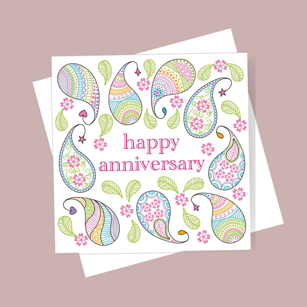 Happy Anniversary Card - paisley design - Blank inside. Free delivery