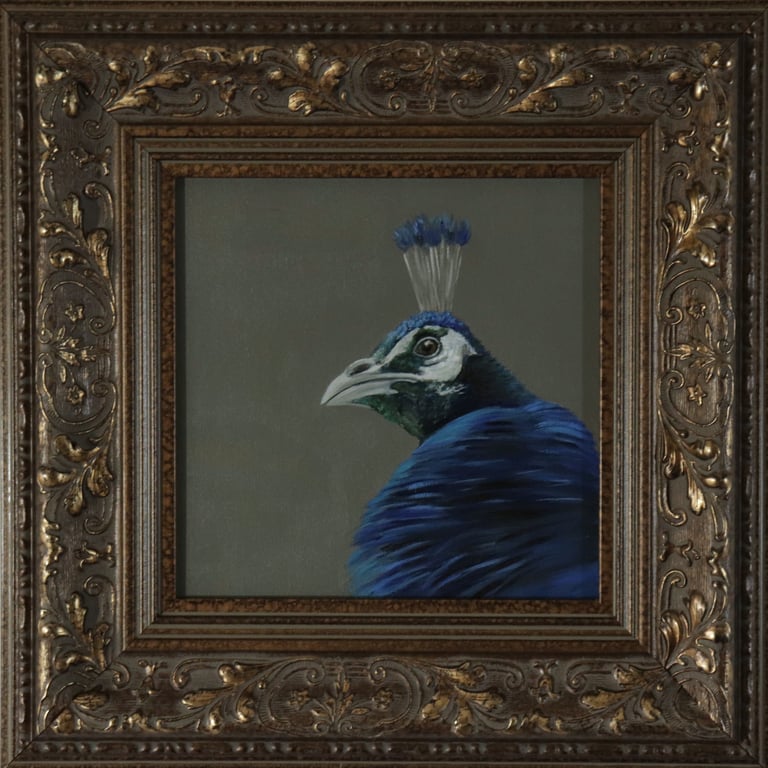 Peacock Portrait Original Oil Painting, Bright Blue Bird Painting with Backdrop,