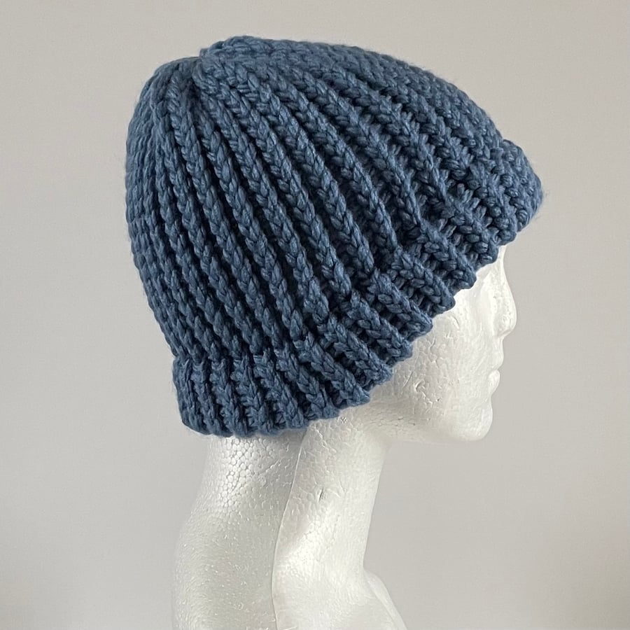 Denim Blue Colour Unisex Chunky Beanie with Fixed Brim, perfectly imperfect