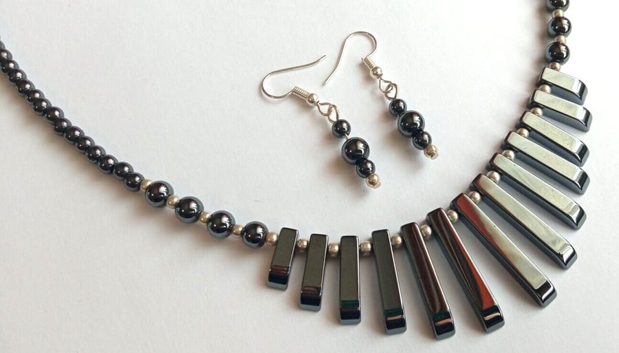 Hematite Necklace Earrings Jewellery Gift Set Tapered Shiny Black Gemstone