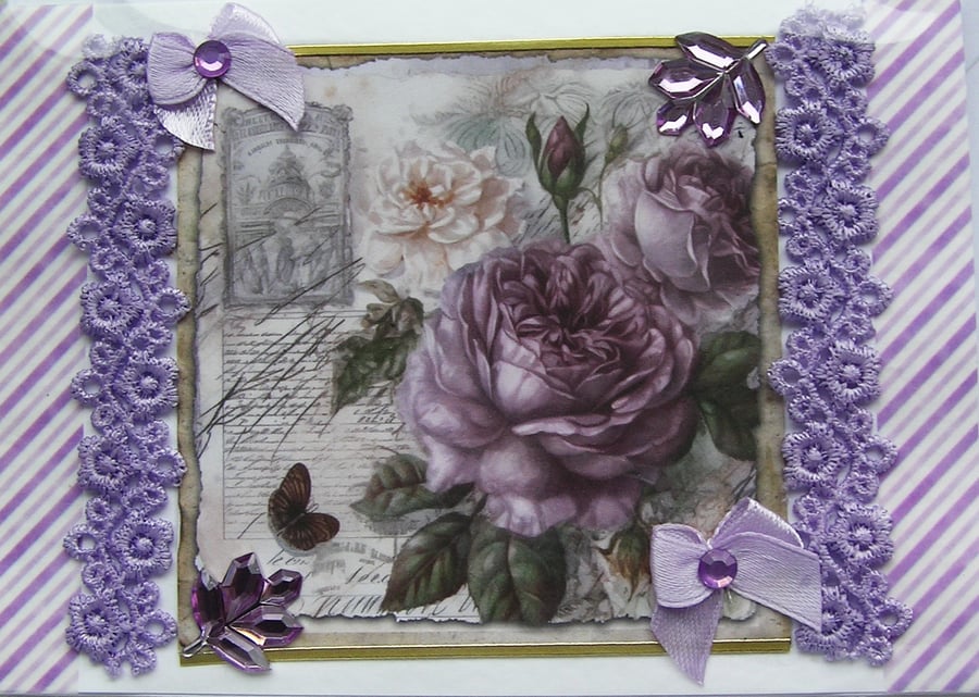 Lilac Rose Flowers - Hand Crafted Decoupage Greeting Card - Blank 3133