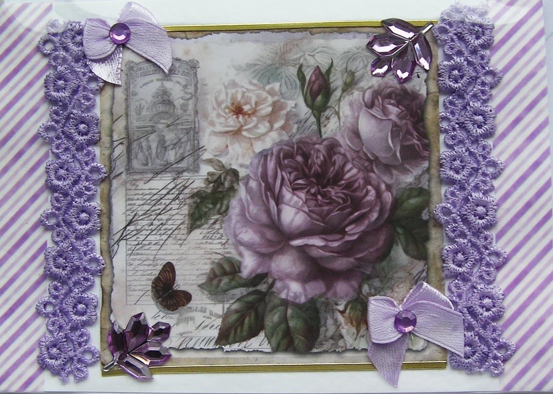 Lilac Rose Flowers - Hand Crafted Decoupage Greeting Card - Blank 3133