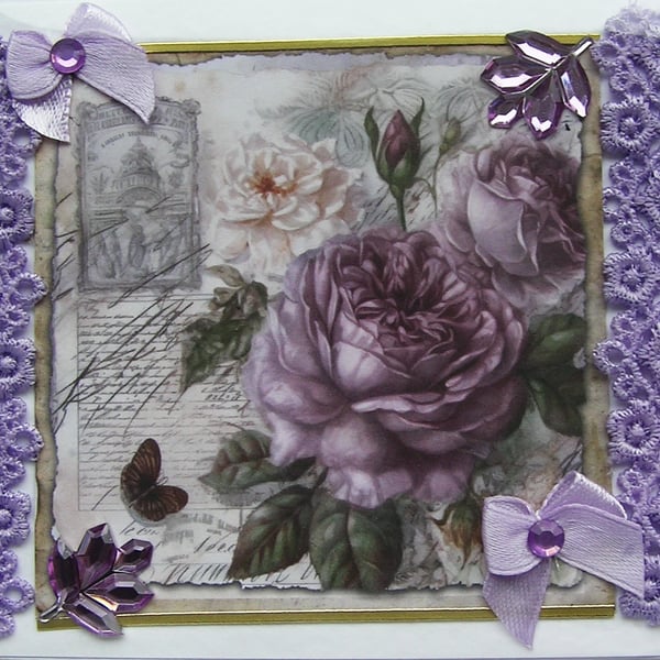 Lilac Rose Flowers - Hand Crafted Decoupage Greeting Card - Blank 3133