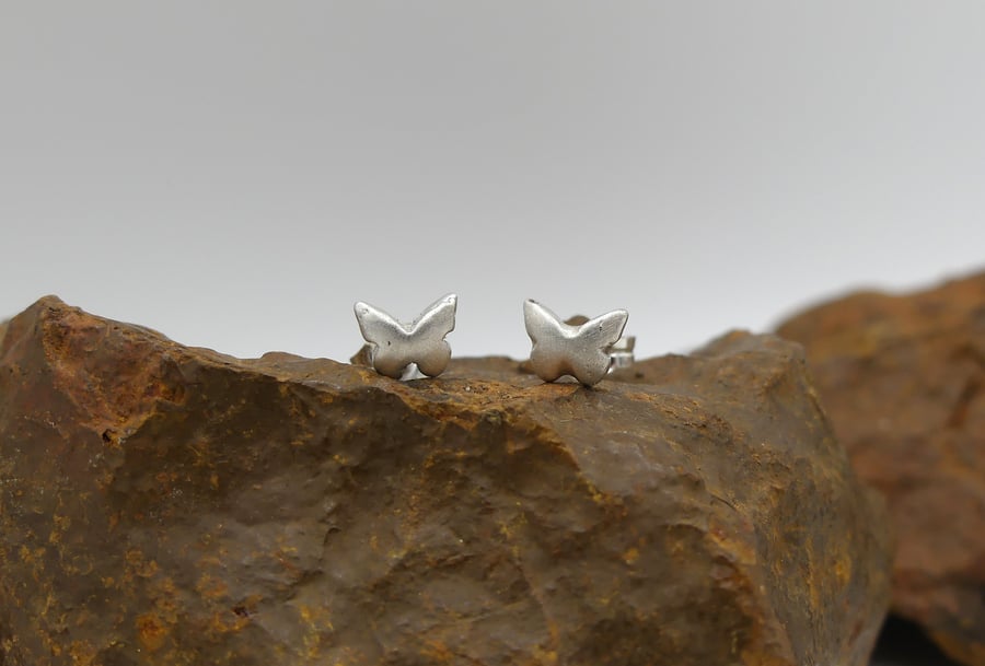 Recycled Sterling Silver Butterfly Stud Earrings, 25th Anniversary, Handmade UK