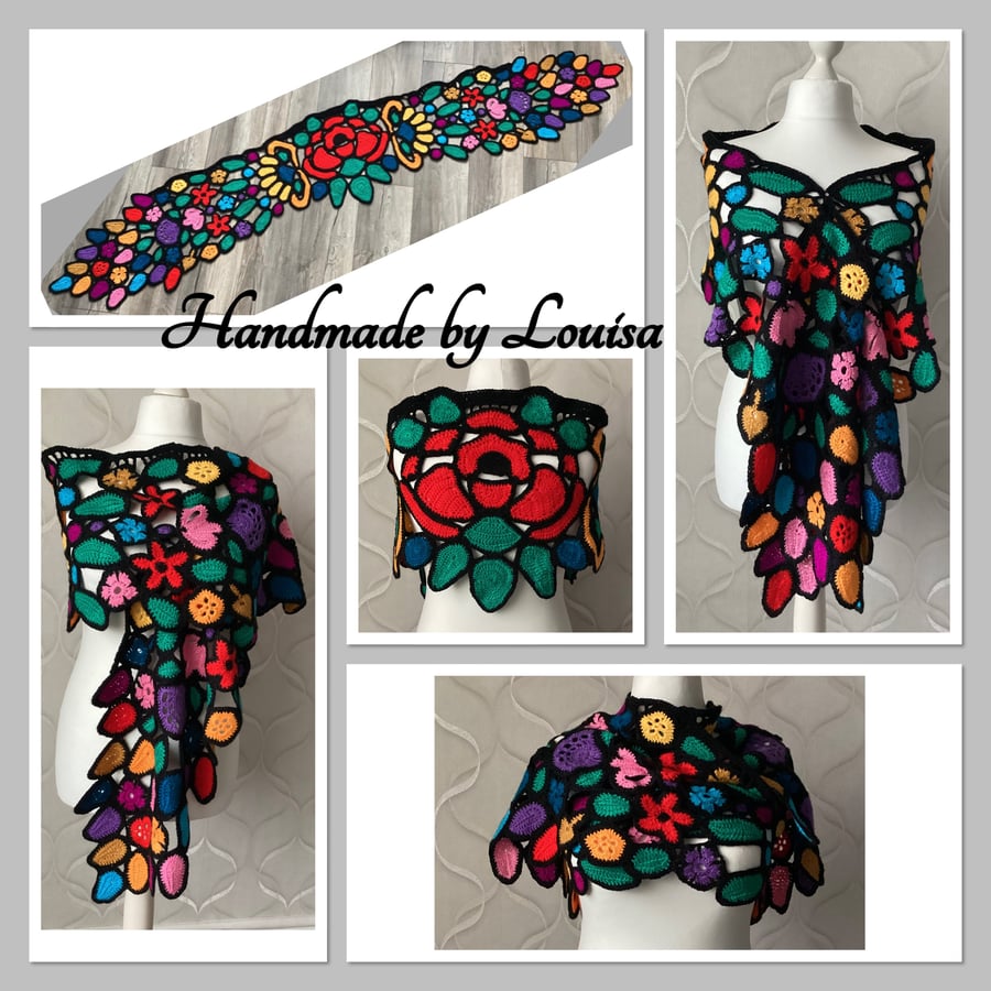 Crocheted shawl, stained glass wrap