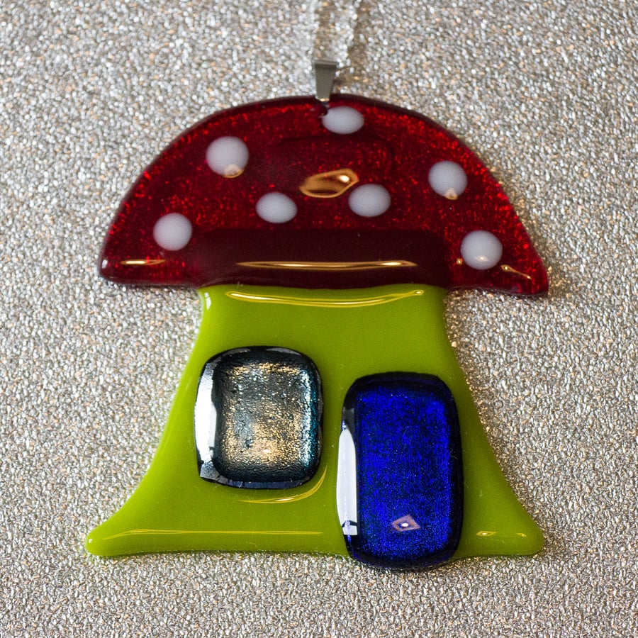 Red and Green Toadstool House in Fused Glass - 6177