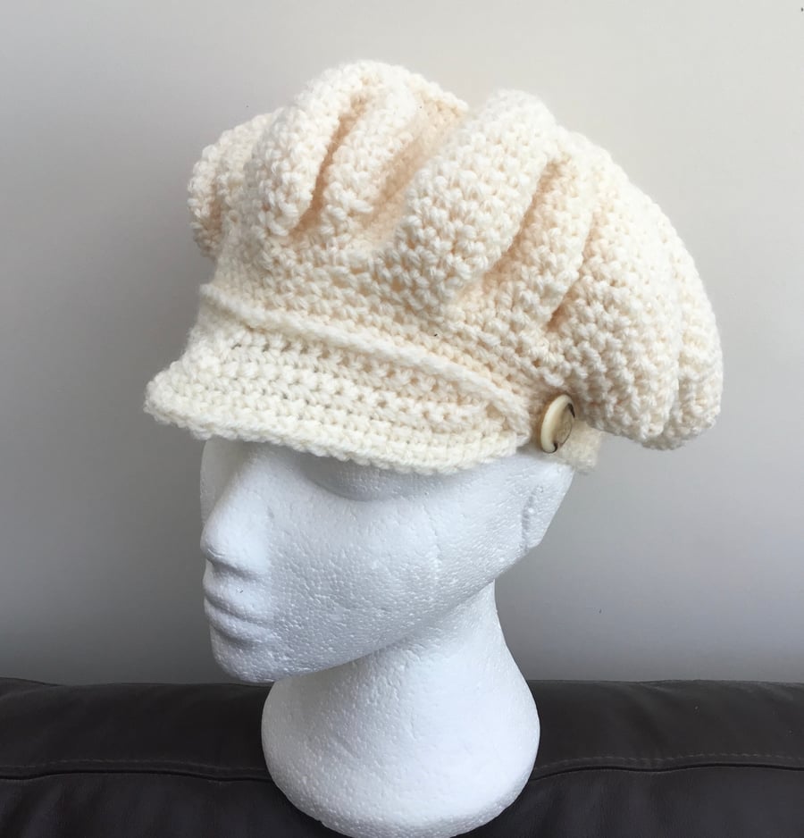 Cream Baker Boy Style Crocheted Cap or Hat for the Discerning Lady!