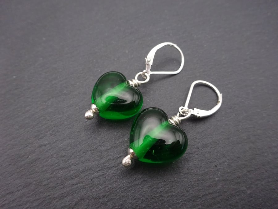 green lampwork glass heart earrings, sterling silver lever back