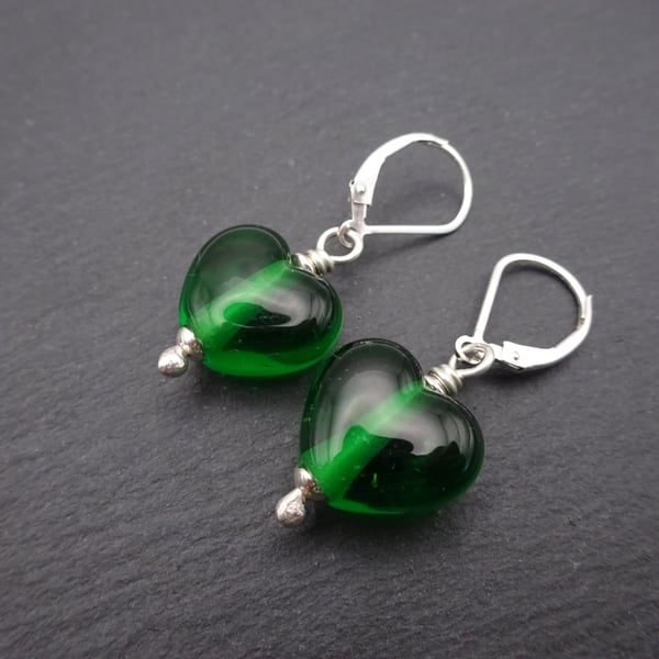 green lampwork glass heart earrings, sterling silver lever back