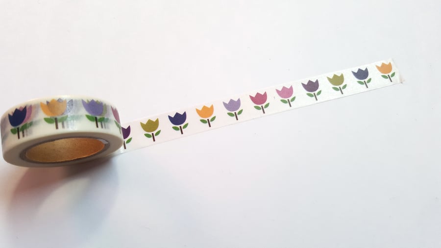 1 x 10m Roll Adhesive Craft Washi Tape - 15mm - Tulips 