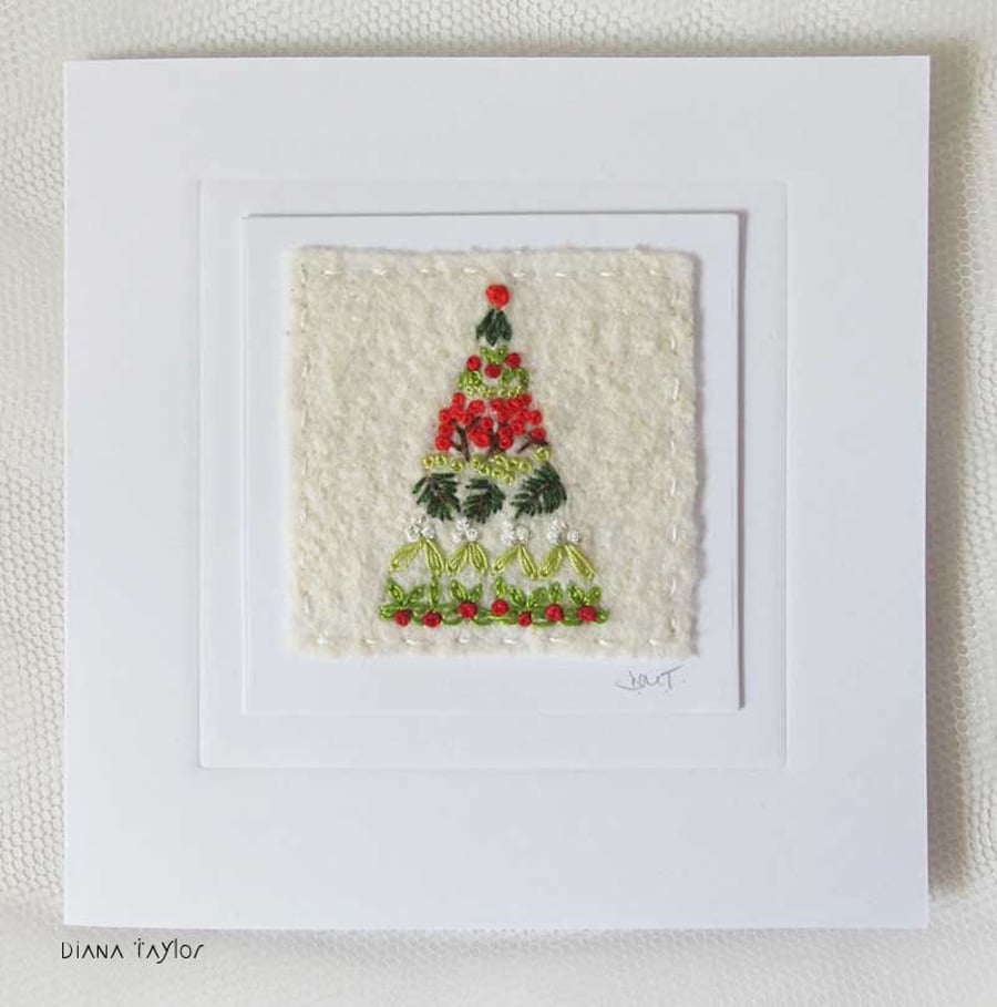 HAND EMBROIDERED CHRISTMAS TREE CARD WINTER FOLIAGE