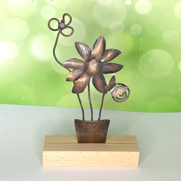 Ornament, Copper Flowers and Butterfly with Lilac Kunzite on Wooden Stand