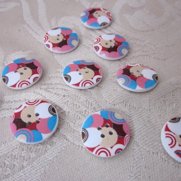 10 Medium Painted Retro Pattern Wooden Craft Buttons