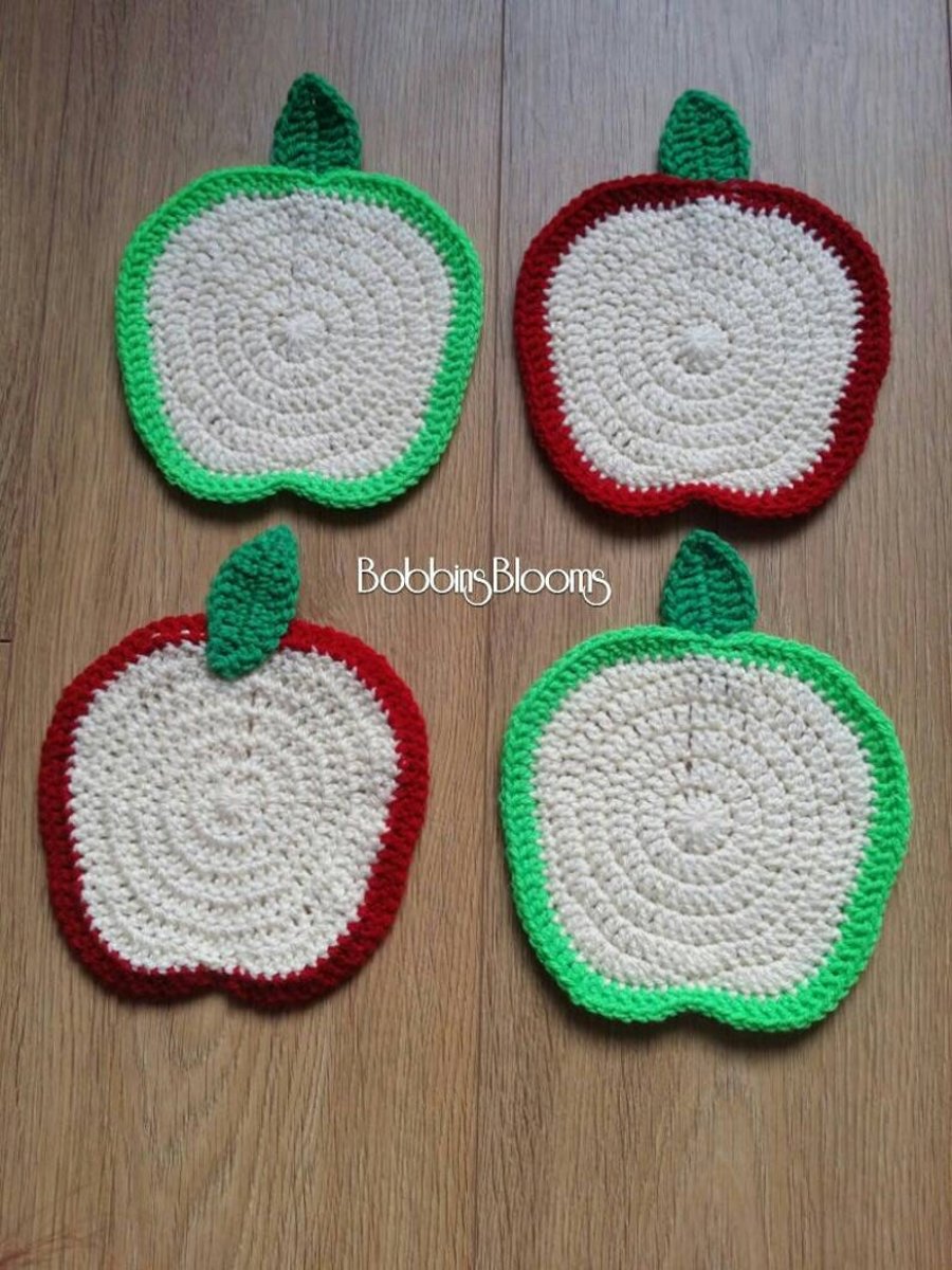Handmade Coasters, Crochet Coasters, Apple Coasters, Apple Mats, Teacher Gift