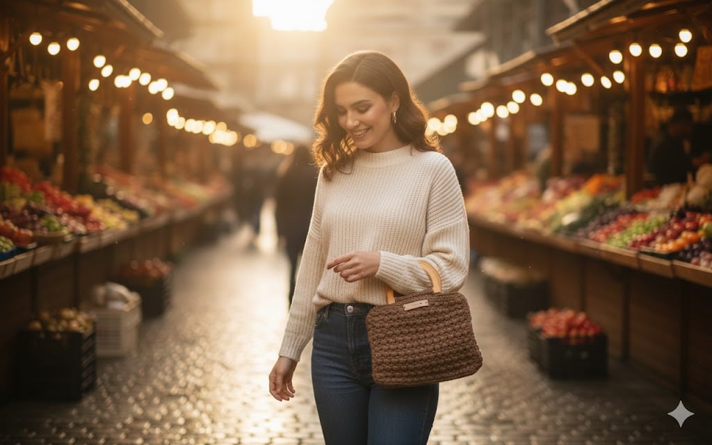 Handmade Crochet Tote Bag with Wood Handles - Brown Handbag - Boho Summer Purse