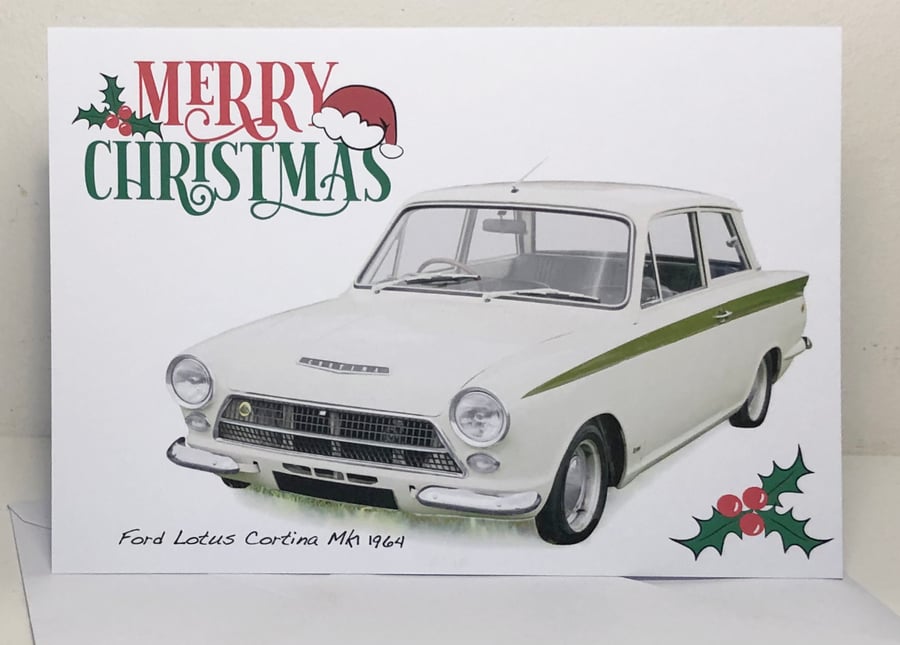 Ford Lotus Cortina Mk1 1964 - Merry Christmas or Seasons Greeting 5x7in