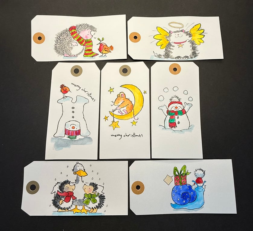 Set of seven hand-painted Christmas gift labels using Penny Black stamps (Set 2)