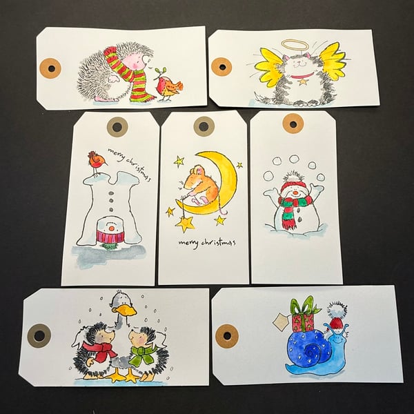 Set of seven hand-painted Christmas gift labels using Penny Black stamps (Set 2)