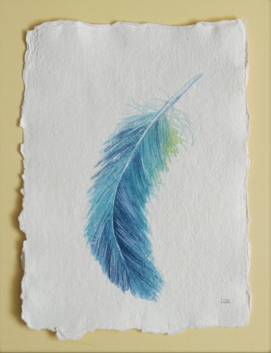 Original watercolour painting of a blue feather