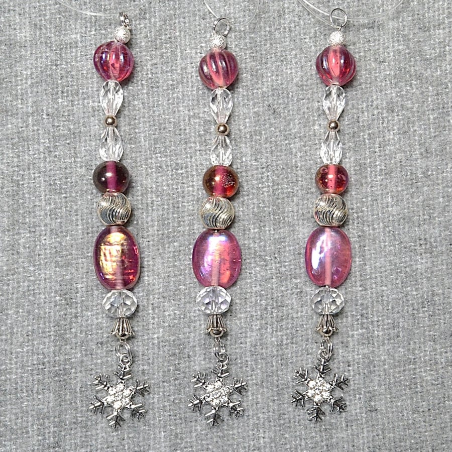 Christmas Decorations – Set of 3 – Pink, Silver, and Clear Bead with Snowflake